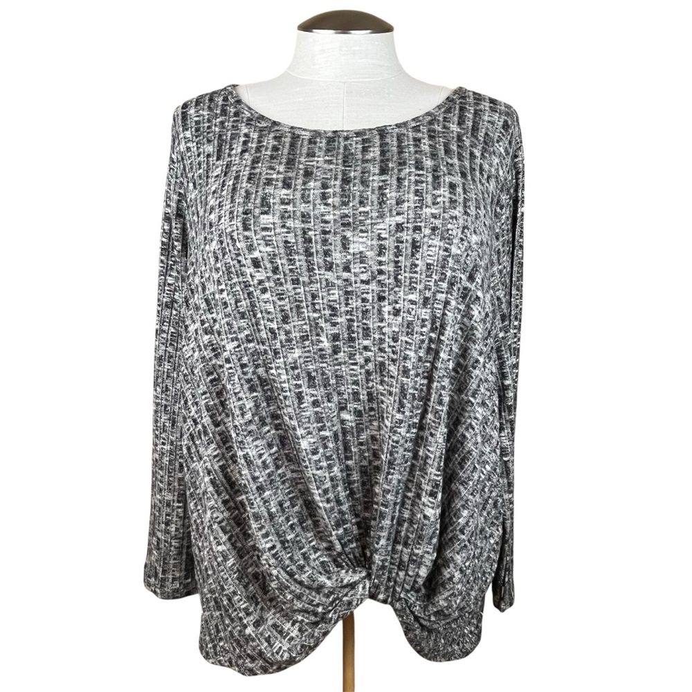 Bobeau 3X Heathered Gray Comfy Knit Top, Knot Front & Long Sleeves, Fall Winter